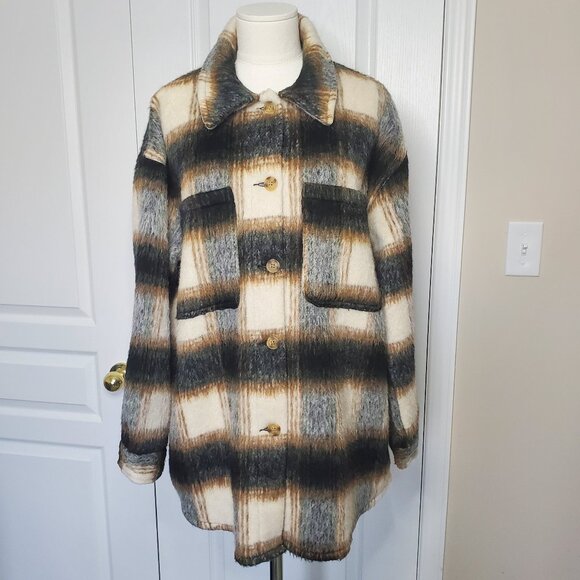 Cotton On Boxy Fluffy Shacket Neutral Plaid Size S - Picture 2 of 5
